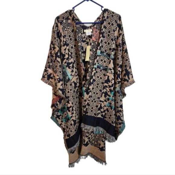 Bay Sky Poncho Abstract Print Fringe Open Front Cardigan Multicolor One Size - Picture 4 of 11